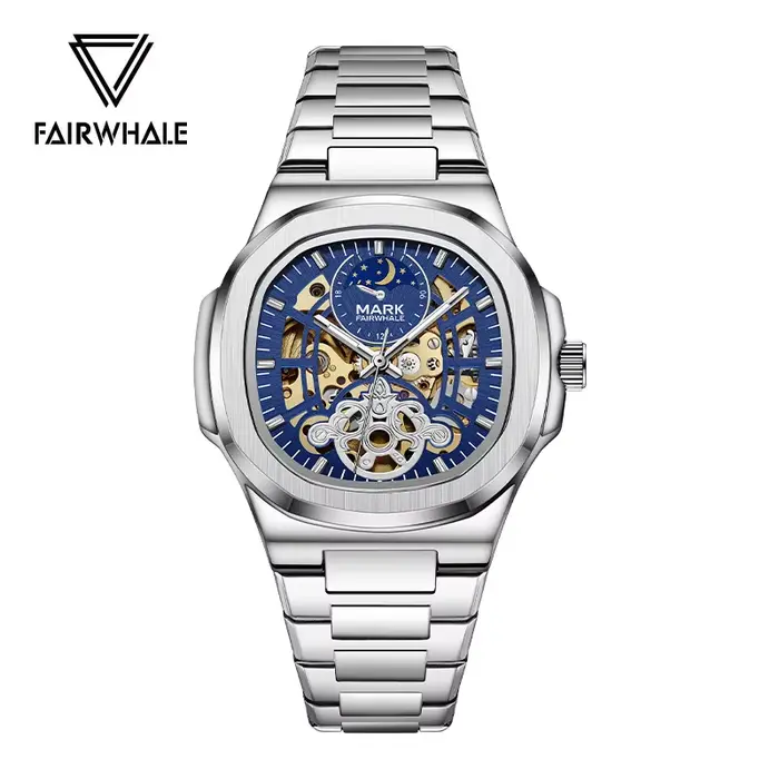 Mark Fairwhale marque Tourbillon squelette de luxe affaires montre automatique homme carré étanche Phase de lune montres mécaniques hommes
