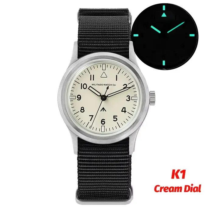 Montre à quartz Militado ML14, cadran crème 36 mm, VH31, seconde à glissement, K1/Saphir, étanche 10