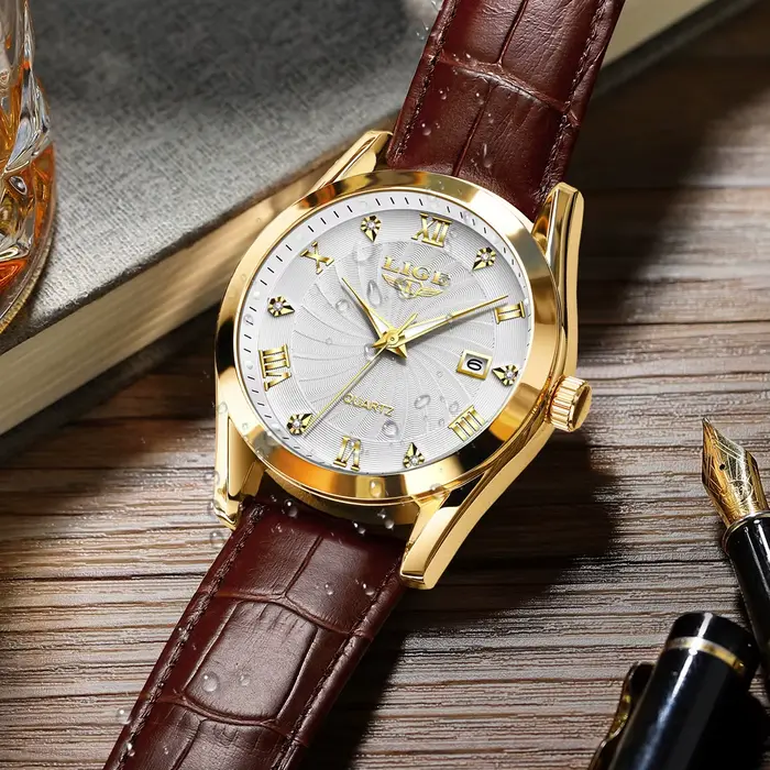 LIGE nouvelle montre à Quartz en or pour femmes mode cuir marron étanche