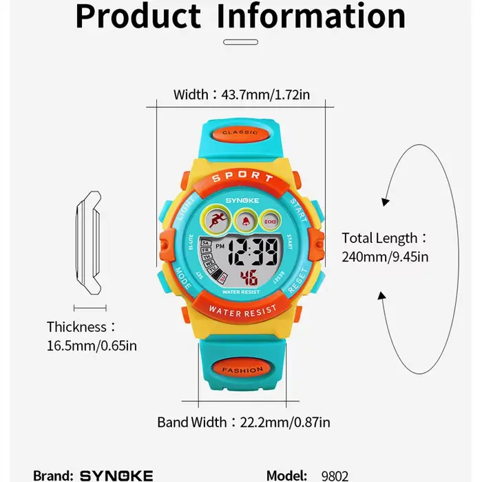 SYNOKE Montre de Sport Électronique Étanche pour Enfants Horloge Numérique avec Chronomètre et Fonction Alerte Occasions Spéciales Garçons Filles
