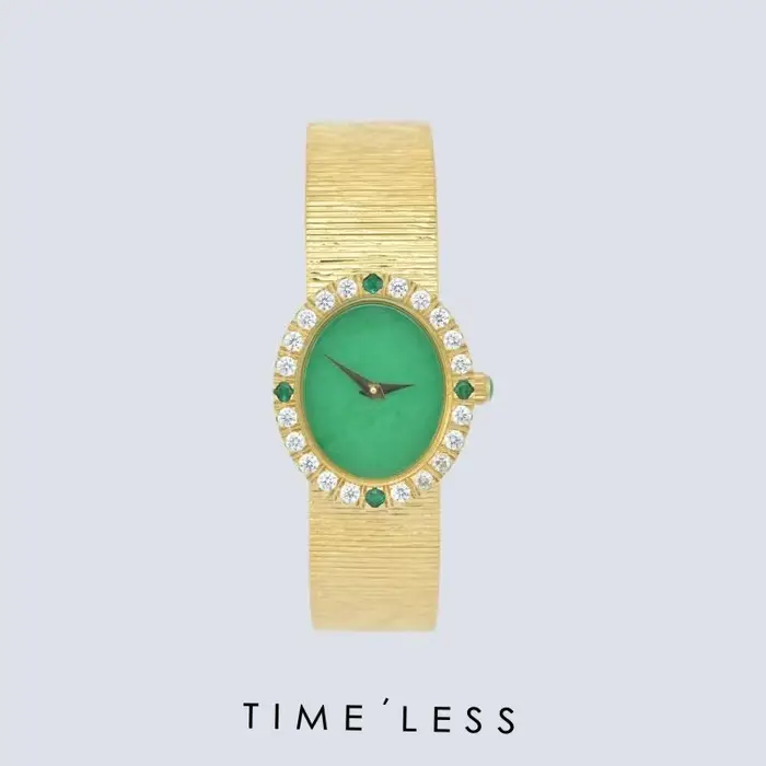 Montre de luxe pour femme en or, cadran vert avec lunette sertie de diamants émeraudes, bracelet tex