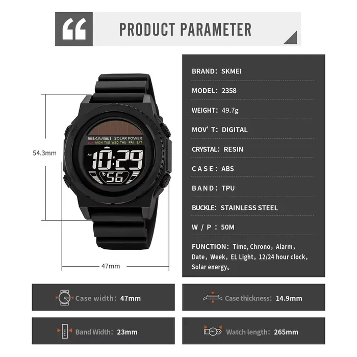 Montre-bracelet de sport numérique à énergie solaire pour homme