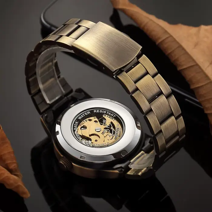 Montre SHENHUA en acier inoxydable avec cadran bronze rétro pour hommes style vintage et casual occassions spéciales