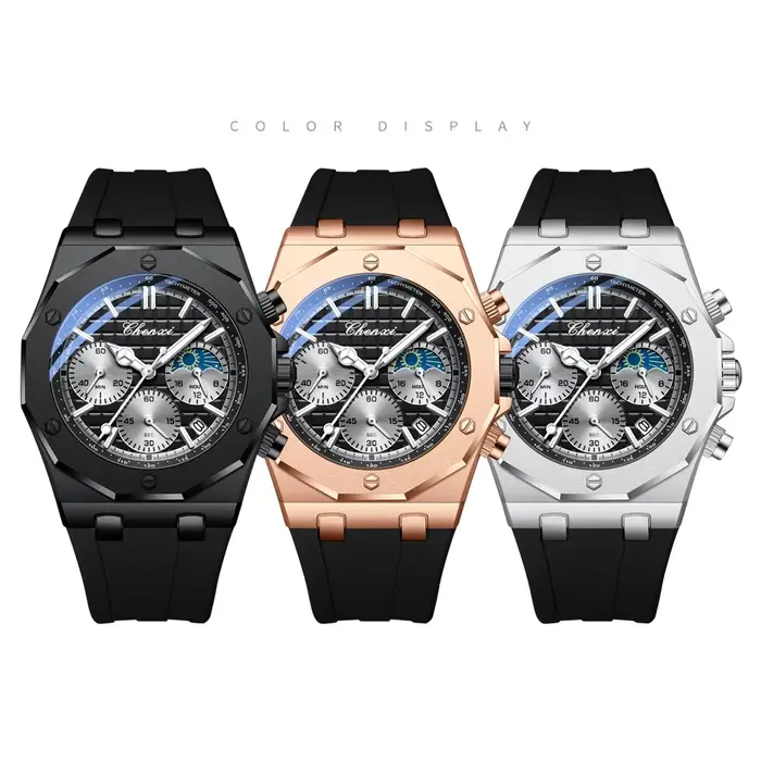 Montre CHENXI Hommes de Luxe Chronographe Sport Quartz Élégante Résistante à l'Eau Bracelet en Silicone Occasions Spéciales