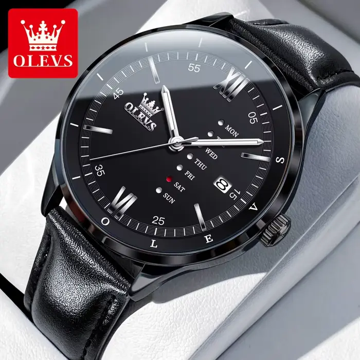 OLEVS 2931 Montre Homme de Marque Haut de Gamme Originale avec Date et Jour, Bracelet en Cuir, Lumin