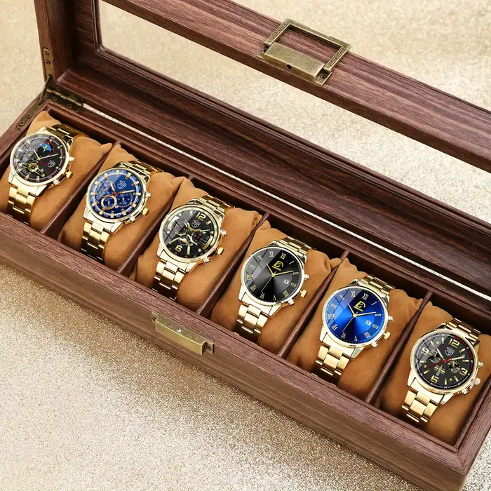 6P/Set Ensemble de montres à quartz doré pour hommes
