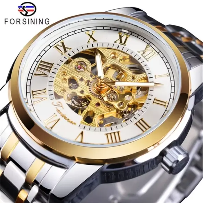 FORSINING 349 montre mécanique pour hommes affaires squelette rond argenté noir acier inoxydable montres-bracelets manuelles pour horloge masculine