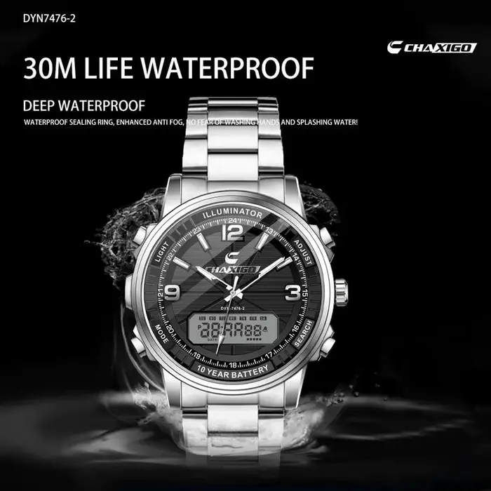 Montre-bracelet multifonctionnelle CHAXIGO avec affichage analogique-numérique pour homme, résistante à l'eau, idéale pour affaires et sport
