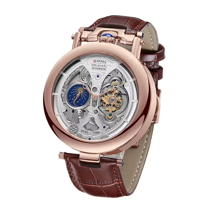 DIFFUL luxe grand cadran squelette Phases de lune Tourbillon creux mécanique hommes montre-bracelet avec bracelet en cuir