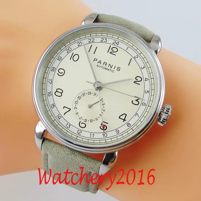 PARNIS-Montre Mécanique existent Gstuff pour Homme, Boîtier en Argent, Marque Arabe, Date, Fenêtre, 