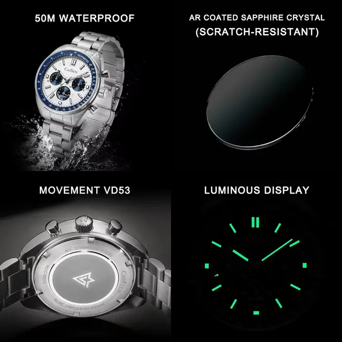 CADISEN montre chronographe de Sport pour hommes japon VD53 Movt montres à Quartz verre saphir montre-bracelet en acier