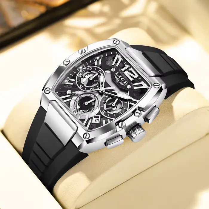 2025 LIGE nouvelle montre pour hommes chronographe Quartz Tonneau cadran doré sport horloge décontra