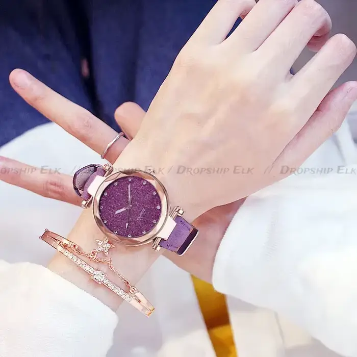 Montres décontractées femmes romantique ciel étoilé Montre Bracelet en cuir strass concepteur dames horloge Simple robe