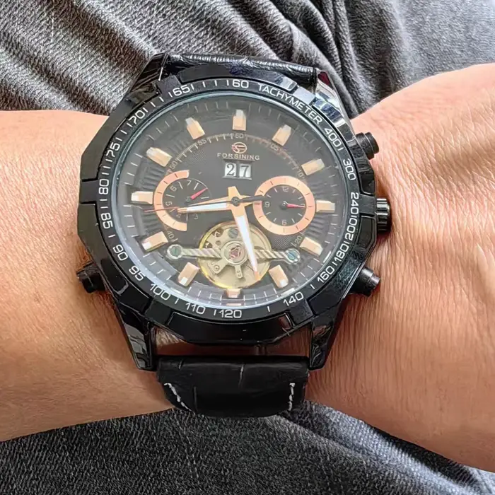 Nouveau noir hommes montres automatique mécanique montre Tourbillon horloge en cuir véritable