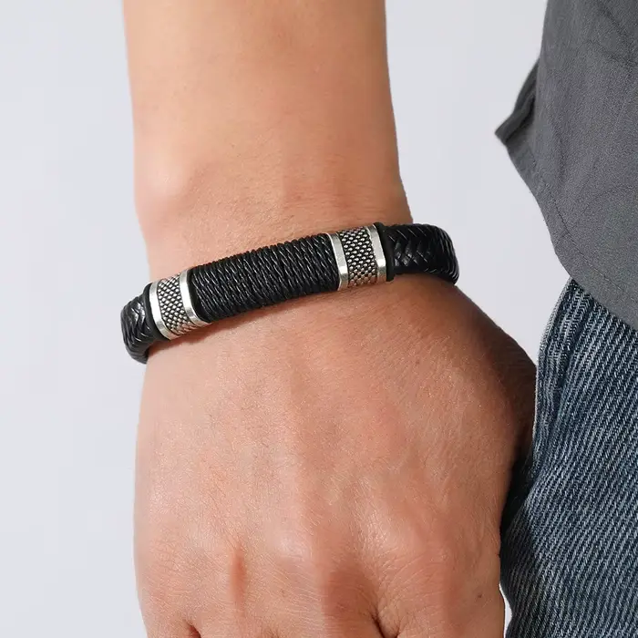 Bracelet en cuir véritable acier inoxydable corde tressée multicouche nouveau style punk homme femme occasions spéciales