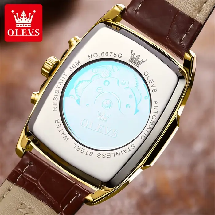 OLEVS luxe cadran rectangulaire montres mécaniques étanche en cuir automatique montre lumineuse hommes d'affaires relogios masculino