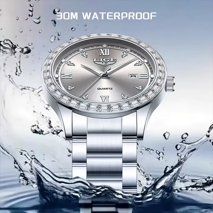 LIGE montre pour femme élégante mode horloge étanche lumineuse en acier inoxydable