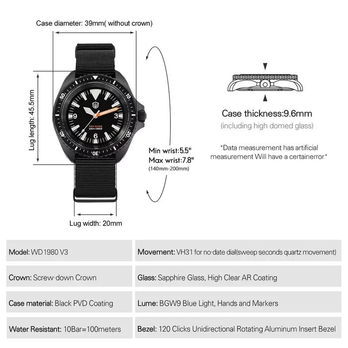Watchdives WD1980 V3 montre de luxe VH31 balayage secondes mouvement à Quartz AR revêtement verre saphir 10Bar étanche montres pour hommes