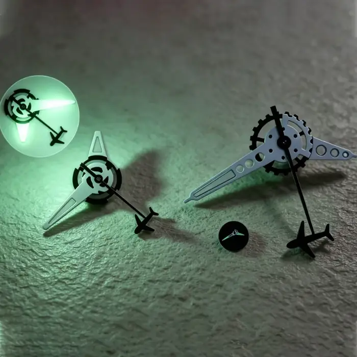 Aiguilles de montre mécaniques lumineuses vertes en forme d'engrenage pour mouvements NH35/NH36/4R/7S avec options de style aviation minimaliste et engrenage pour hommes et femmes occasions spéciales