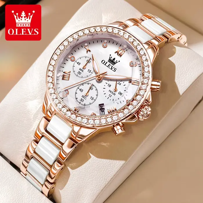 OLEVS diamant montre à Quartz pour femmes de luxe élégant bracelet en céramique miroir rhombique dam