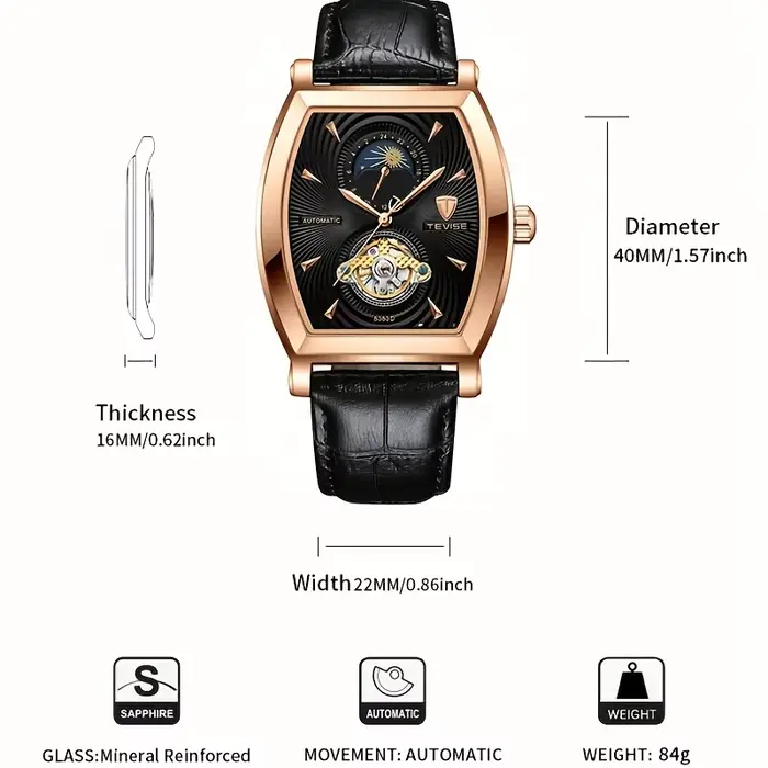 Montre mécanique automatique forme tonneau élégante avec phase de lune et squelette pour homme occasions spéciales professionnelle décontractée