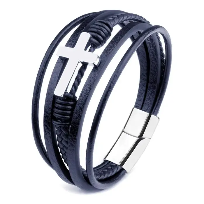 HNSP – Bracelet en cuir et métal croisé pour hommes, accessoires de bijoux
