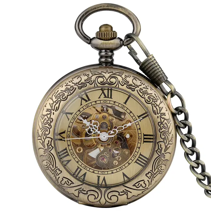 Antique Brozne Transparent engrenage squelette mécanique automatique auto-vent montre De poche rétro