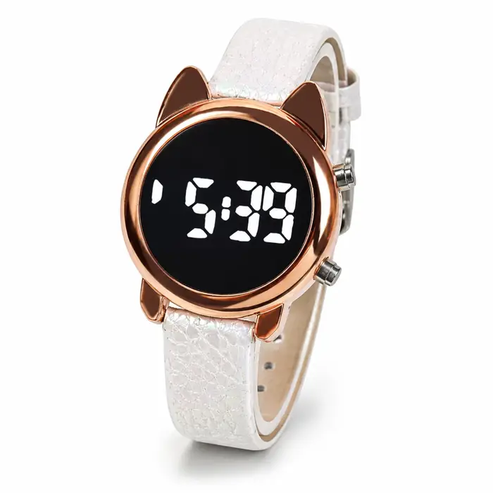 Montre numérique LED pour femme avec design oreilles de chat, boîtier en or rose, cadran miroir noir