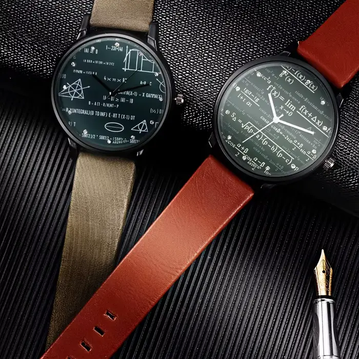 Montre homme à quartz avec formules mathématiques imprimées, bracelet en cuir, étudiant et professionnel, pour occasions quotidiennes et formelles