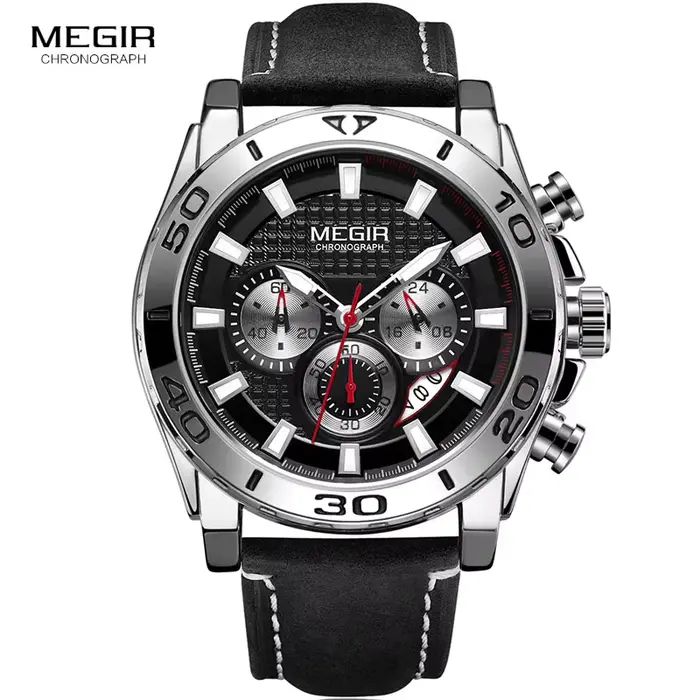 MEGIR hommes armée sport chronographe montres à Quartz bracelet en cuir lumineux étanche montre-bracelet homme Relogios horloge 2094 argent