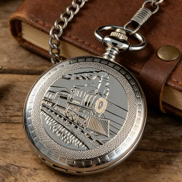 Montre de poche unisexe argentée, mécanique, vintage, style steampunk, avec chaîne, montres de poche