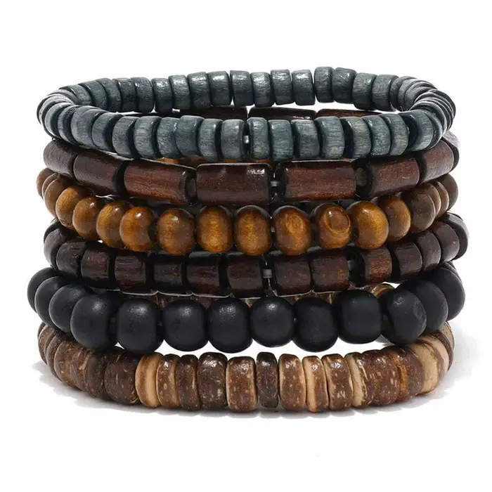 Wodeen – Bracelet tressé en cuir pour hommes, 6 pièces, Vintage, perles en bois, à la mode