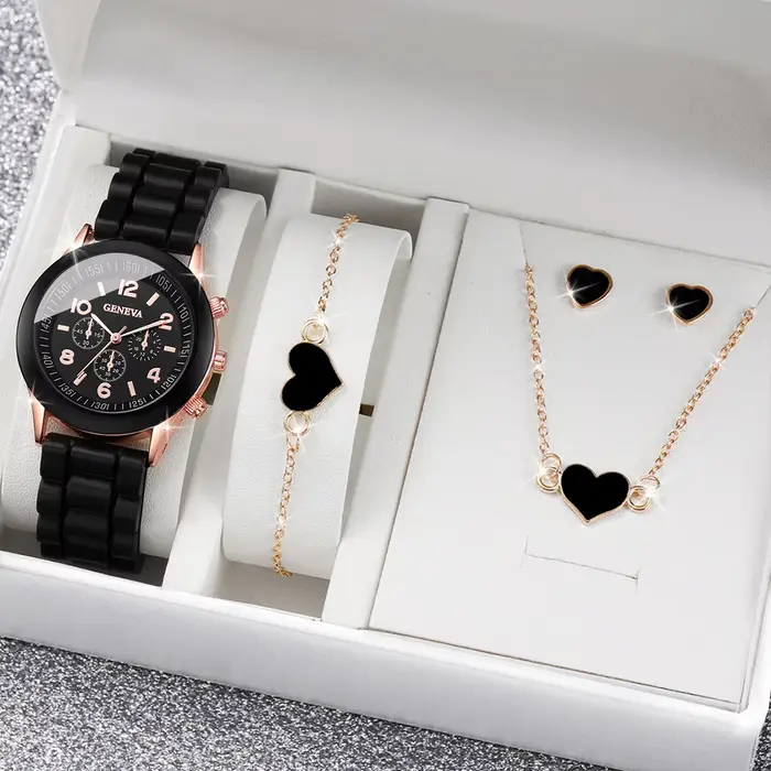 4 pièces/ensemble genève montre mode bracelet en Silicone femmes montres à Quartz coeur ensemble de bijoux (sans boîte)