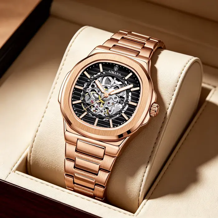 Montre mécanique squelette de style Nautilus pour homme AIMANA, bracelet en acier inoxydable, étanch