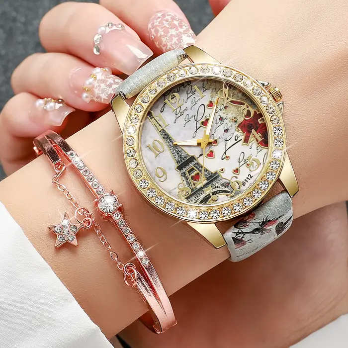 Montre à quartz avec bracelet en cuir PU pour femme