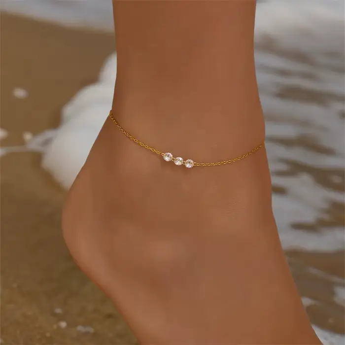 Bracelet de cheville en argent sterling avec perles dorées et zirconium ronds pour femmes occasions spéciales romantiques et plage