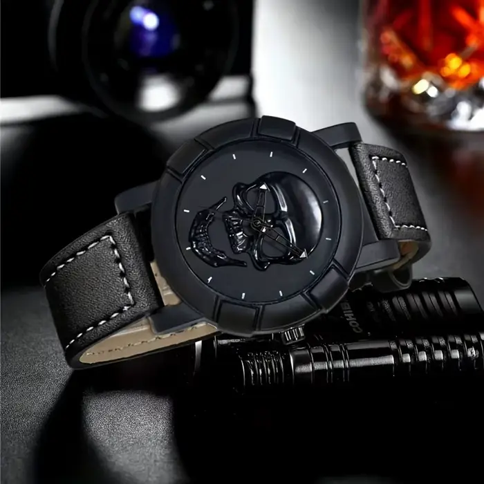 Montre RUNERR à Quartz Motif Tête de Mort Homme Occasions Spéciales Bracelet Cuir PU Bronze Noir