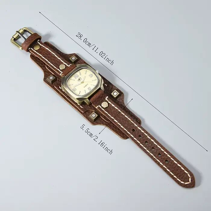 Montre à quartz vintage hip hop punk pour hommes - Rivet fait à la main avec bracelet en cuir véritable