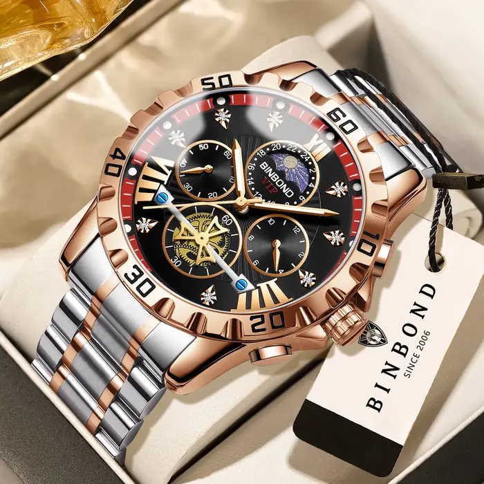 Montre de luxe BINBOND à quartz sportive avec chronographe pour homme résistante à l'eau pour diverses occasions