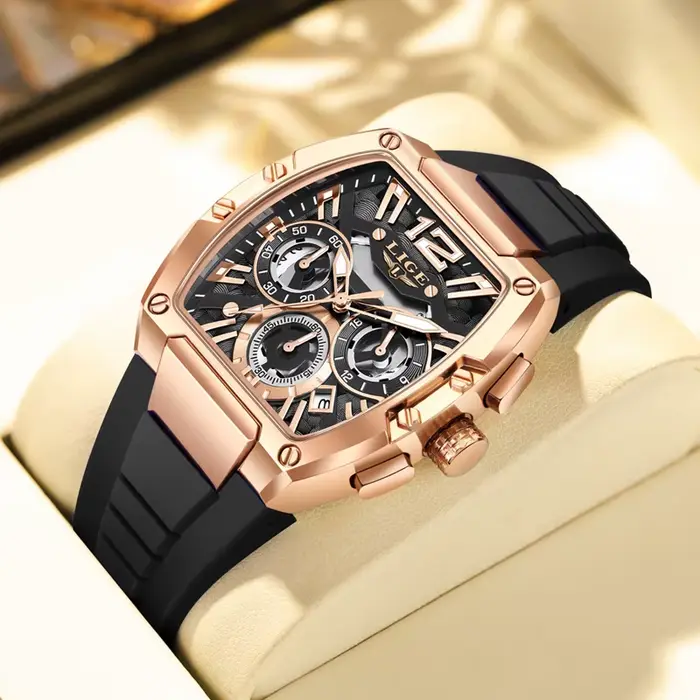 2025 LIGE nouvelle montre pour hommes chronographe Quartz Tonneau cadran doré sport horloge décontracté mode bracelet
