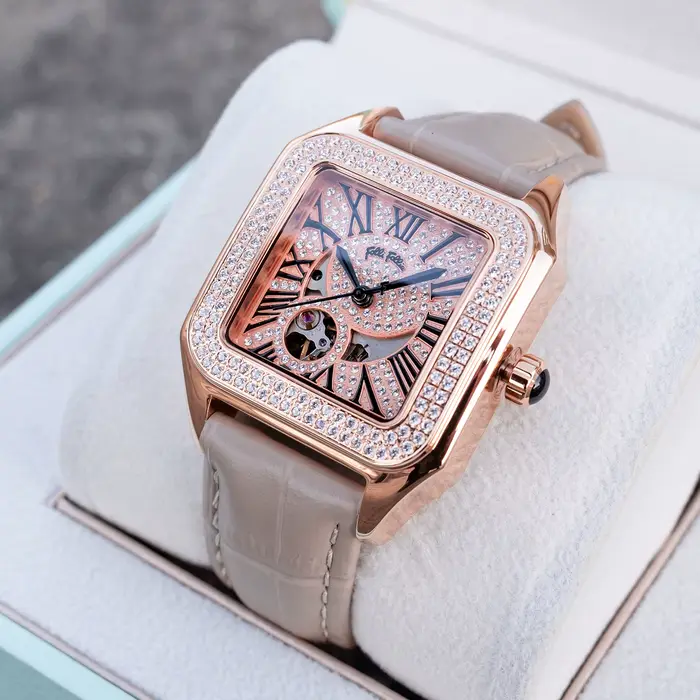 Montre habillée carrée pour femme cadran en or rose diamant chiffres romains bracelet en cuir gris montre-bracelet