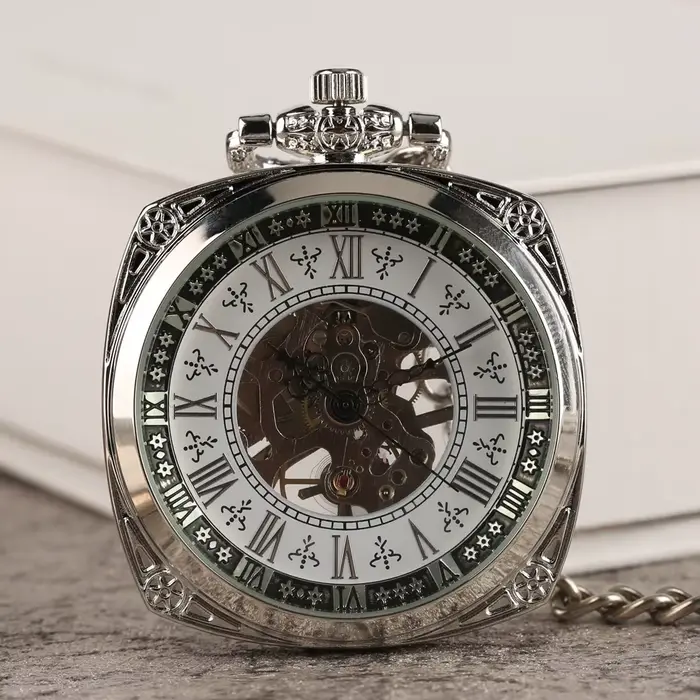 Montre de poche mécanique à remontage manuel, cadran carré en chiffres romains argentés, cadran ouve