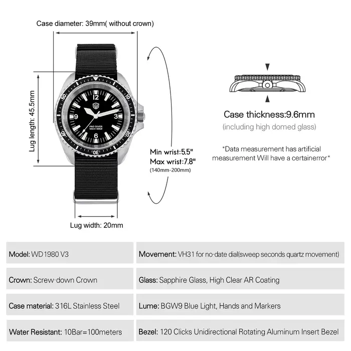 Watchdives WD1980 V3 montre de luxe VH31 balayage secondes mouvement à Quartz AR revêtement verre saphir 10Bar étanche montres pour hommes