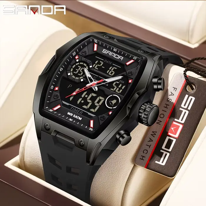 Montre SANDA double affichage analogique numérique quartz robuste pour hommes avec chronographe résistant à l'eau et alarme pour activités sportives et quotidiennes
