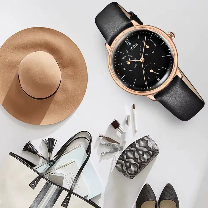 Montre Fantor en laiton et cuir pour femmes, élégante montre-bracelet avec chronographe Quartz pour occasions spéciales