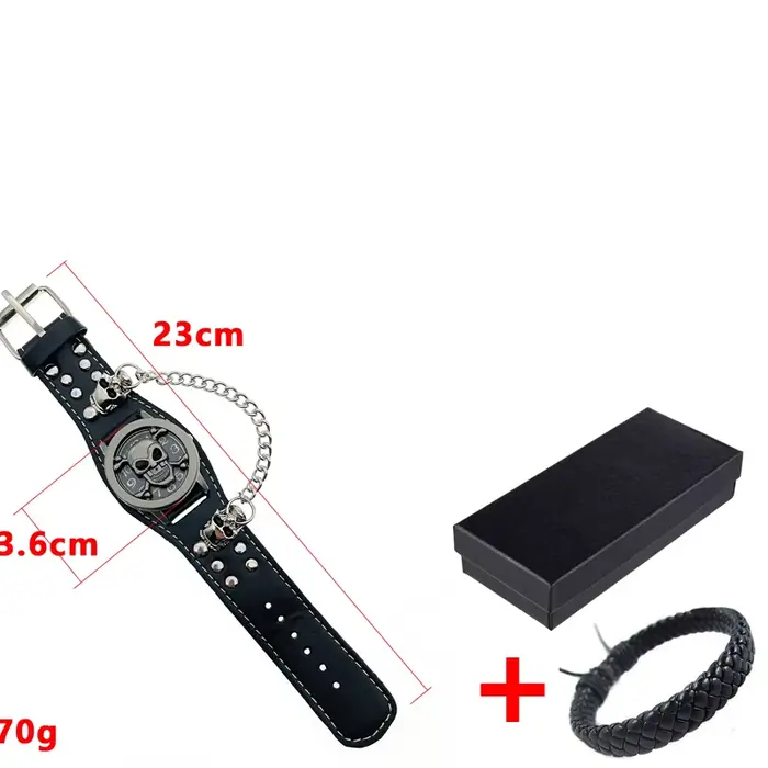 Montre à quartz tête de mort en cuir noir pour homme, marque de luxe, flip, anniversaire, Noël, Hall