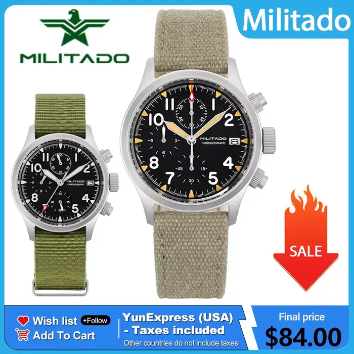 Montre Militario ML1868KF Rétro Chronographe en Acier Inoxydable Bracelet Nylon pour Hommes Occasions Spéciales