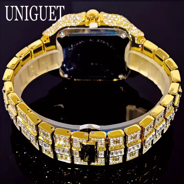 UNIGUET luxe diamant montre à Quartz pour hommes cadran arc-en-ciel calendrier Hip Hop glacé or montre-bracelet