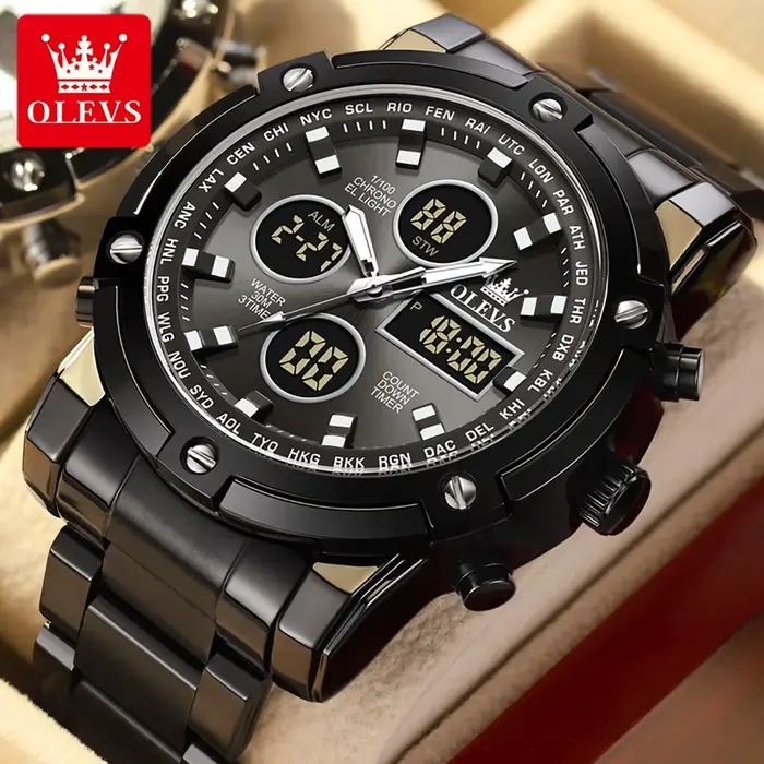 OLEVS-Montre-bracelet de sport numérique à quartz pour homme, tout acier, militaire, étanche, horlog