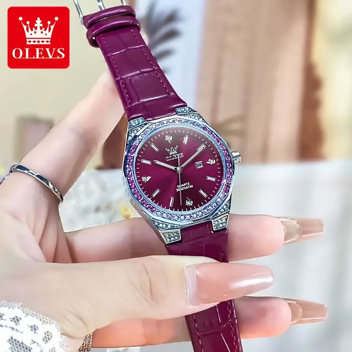 OLEVS 5606 montre pour femme lumière originale mode Quartz montre-bracelet bracelet en cuir diamant lunette étanche
